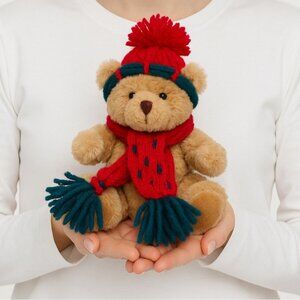 Hugfun INT'L Plush Stuffed Bear Red 7" Scarf & Hat Holiday Christmas Kid Collect